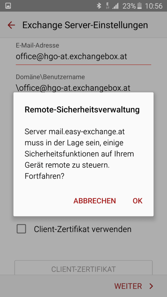 einrichtung von hosted exchange mit android os