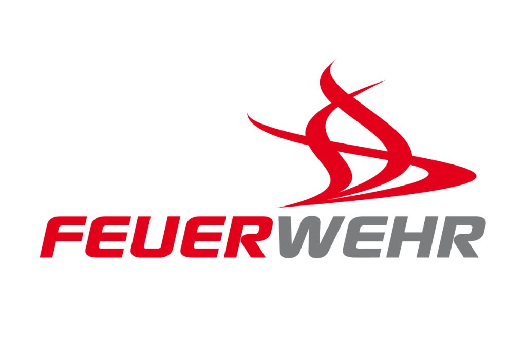 Feuerwehr Logo mit stilisierter roter Flamme und zweifarbiger Schrift