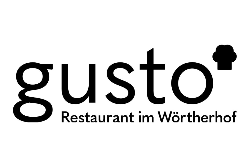 Schwarzes gusto Logo mit Kochmütze und Schriftzug Restaurant im Wörtherhof