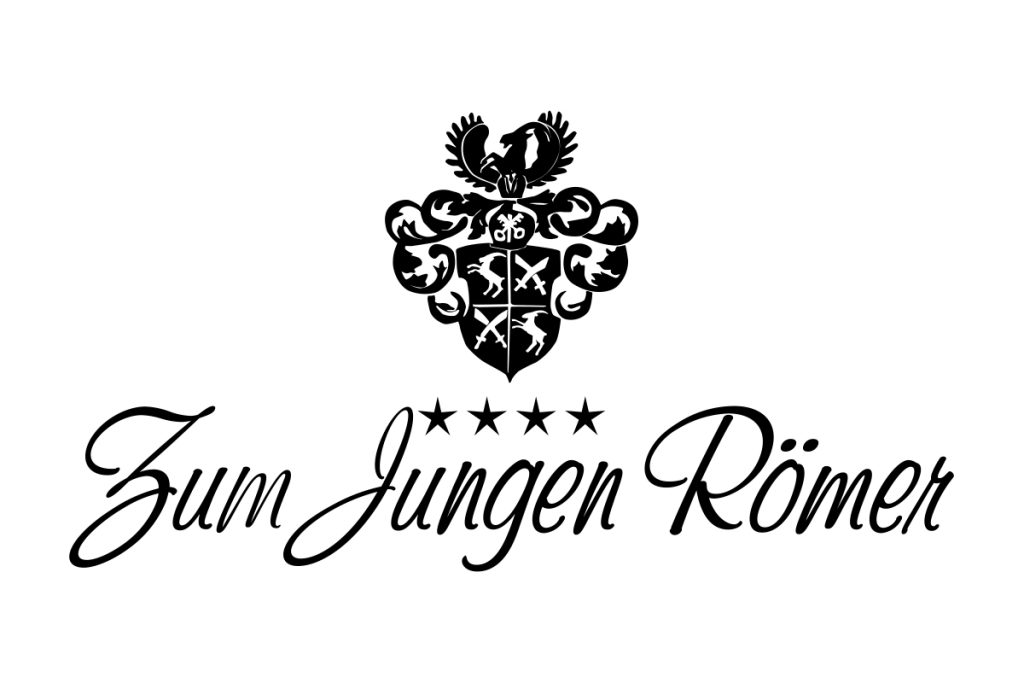 Wappen mit Pferd und Schriftzug Zum Jungen Römer sowie vier Sterne