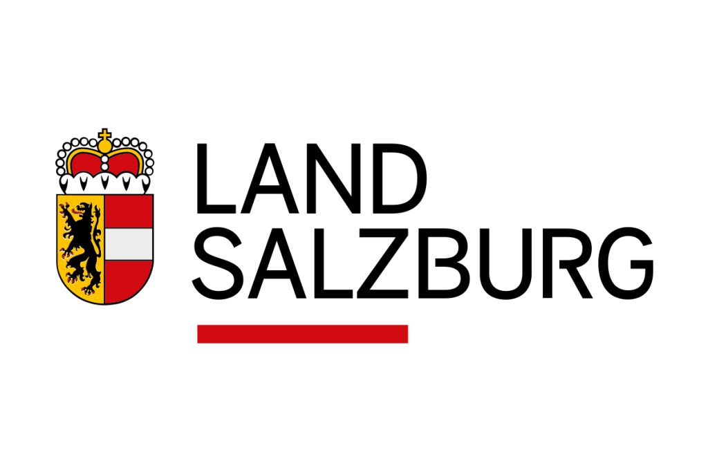 Wappen Land Salzburg mit schwarzer Schrift und rotem Unterstrich auf weißem Hintergrund