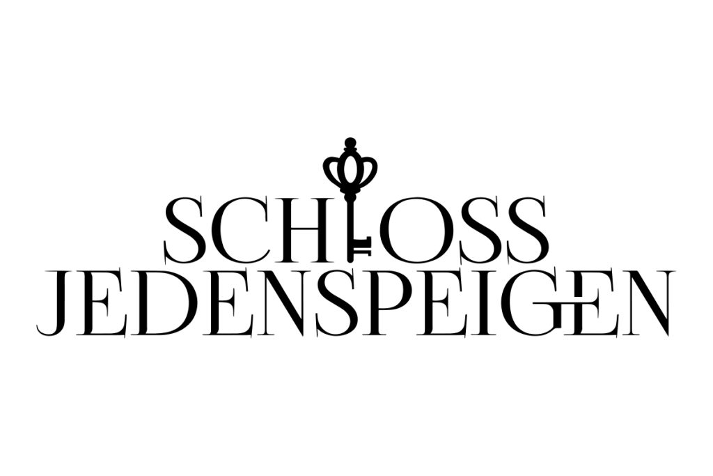 Schriftzug Schloss Jedenspeigen mit stilisiertem Schlüssel als Buchstabe L