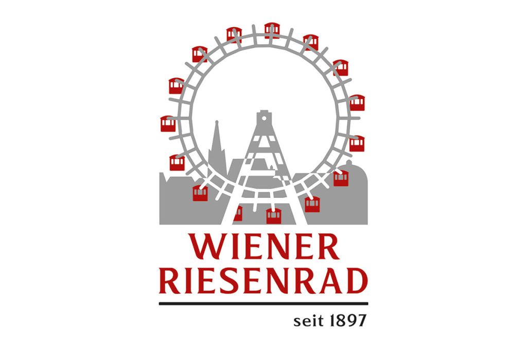 Grafik Wiener Riesenrad mit Stadt-Silhouette und rotem Schriftzug seit 1897