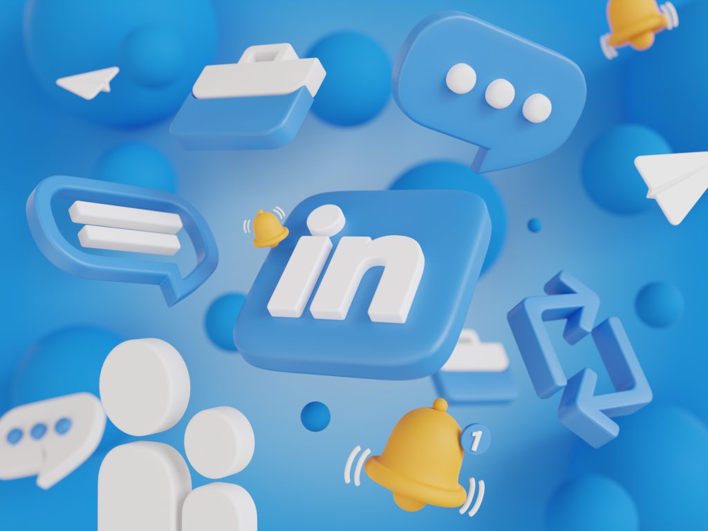 3D-Illustration mit LinkedIn-Logo und Social-Media-Symbolen