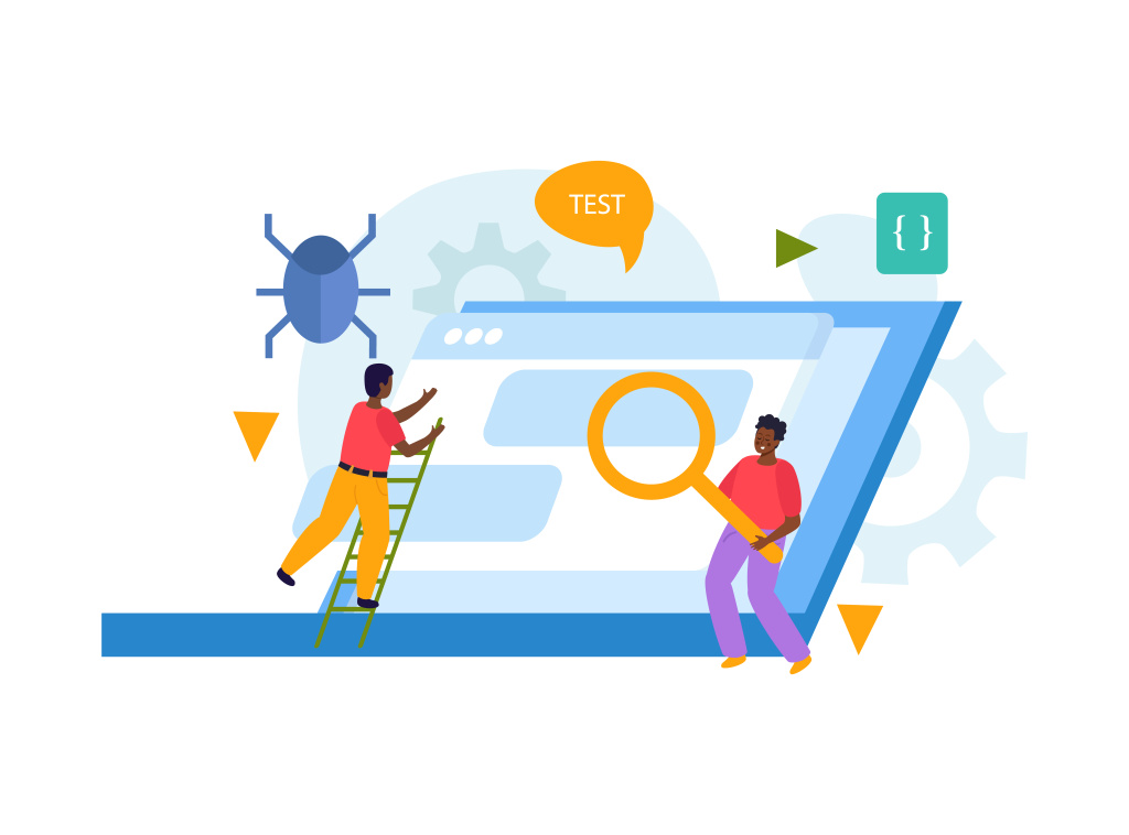 Illustration: QA-Testing einer Website mit Lupe, Bug-Symbol und Test-Sprechblase