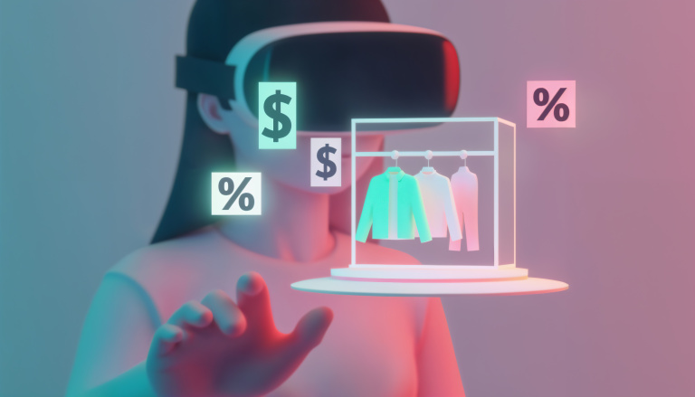 Person mit VR-Brille interagiert mit virtuellem Shop und Preis- und Rabatt‑Symbolen
